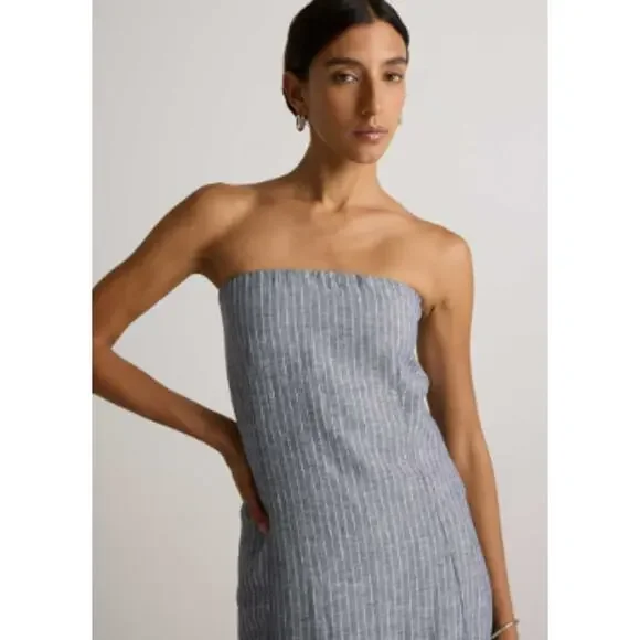 Quince 100% European Linen Strapless Maxi Dress L Blue Stripe Coastal Hamptons - Picture 2 of 10